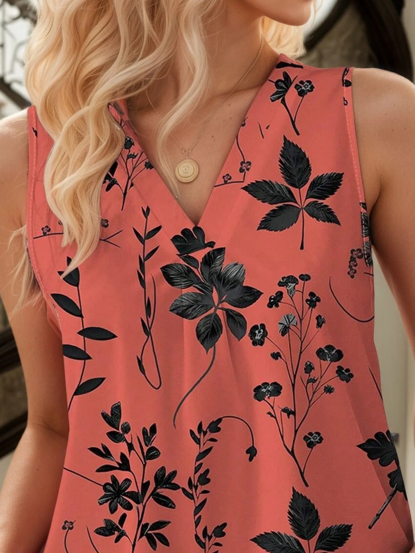 Sarah Express Women's Printed V-Neck Tank - Casual Basic Style Top