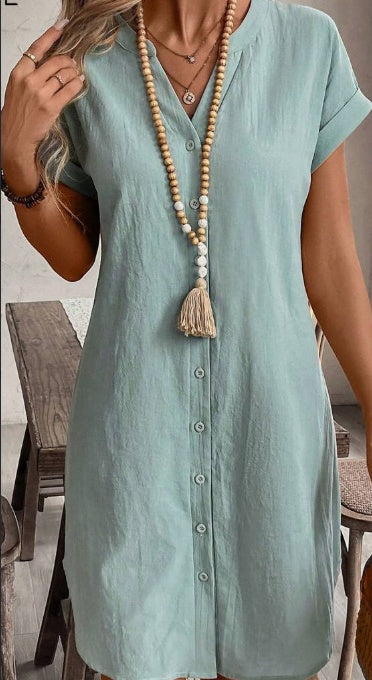 Sarah Express Notched Button Front Batwing Sleeve Cotton Shirt Dress