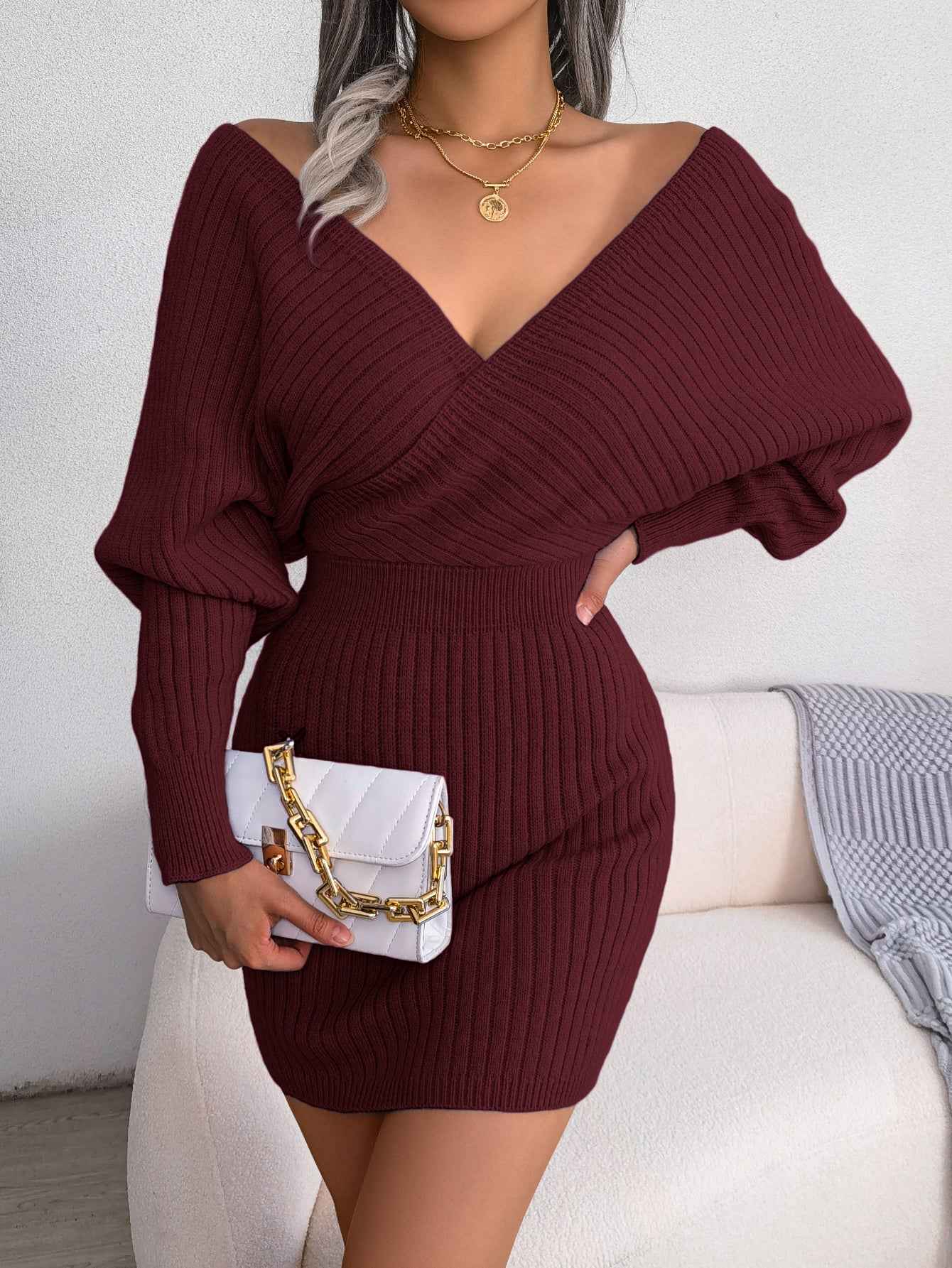 Sarah Express Women's Cross V-Neck Batwing Sleeve Bodycon Sweater Dress - High Waist Knit Dress Burgundy
