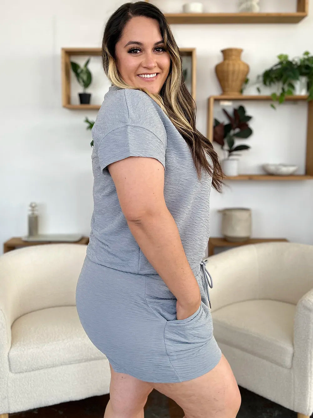 Sarah Express Women's Textured Short Sleeve T-Shirt and Drawstring Shorts Set