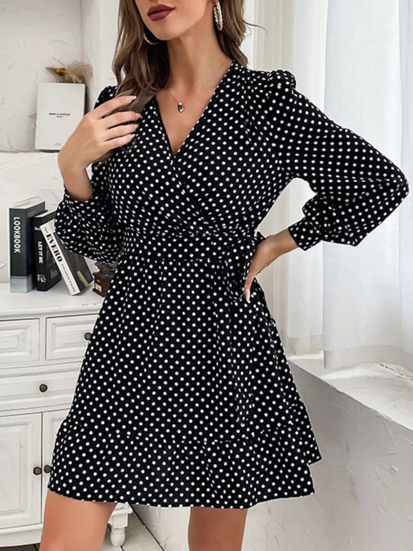 Sarah Express Women's Polka Dot Wrap Mini Dress Black