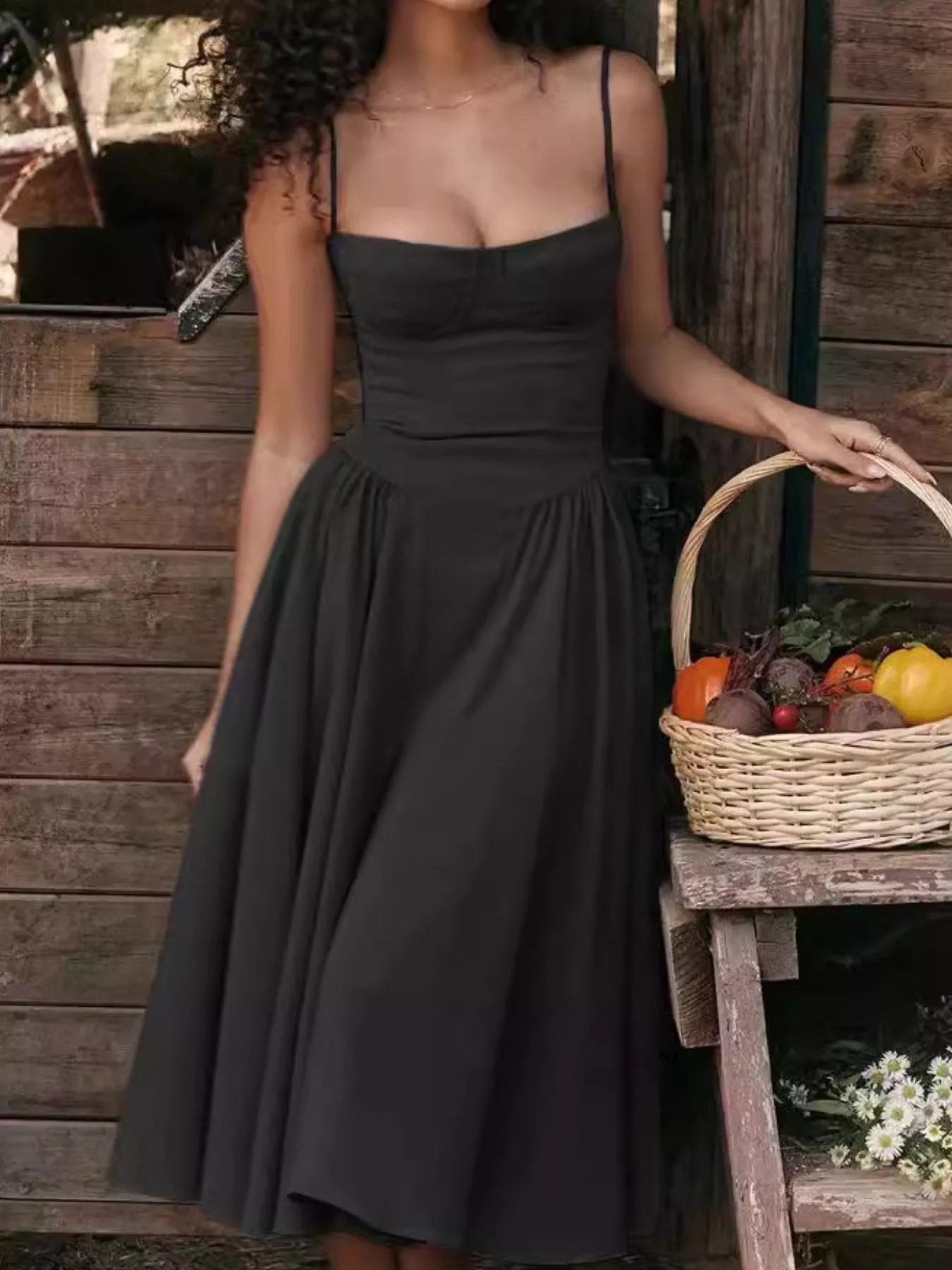 Sarah Express Women's Sweetheart Neck Midi Cami Dress with Pockets - Ruched Sleeveless Dress Black