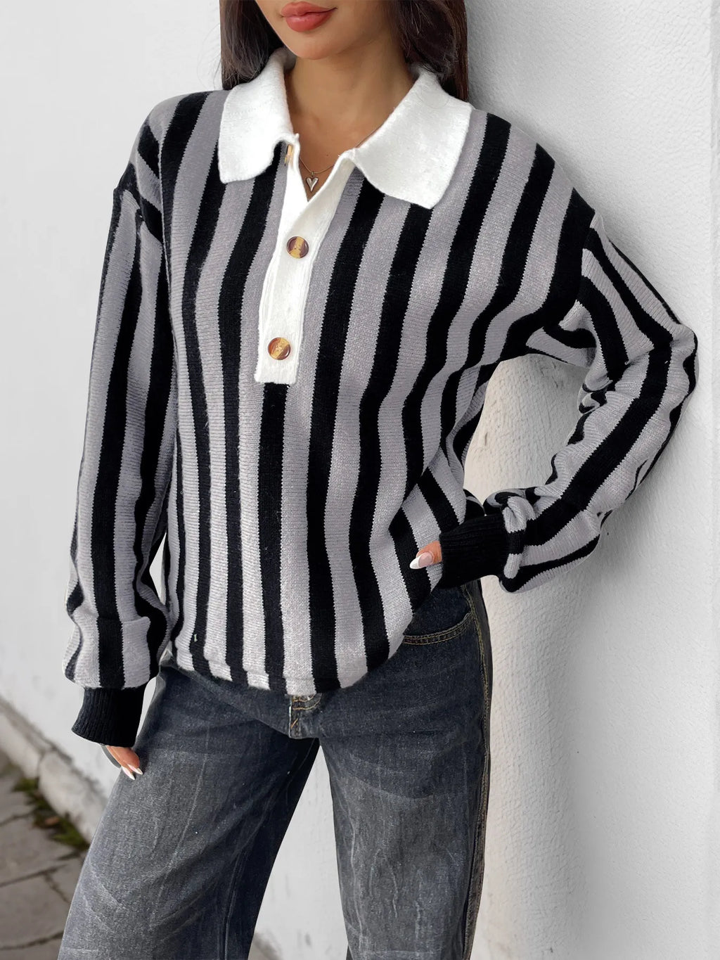 Trendsi Women's Striped Button Front Long Sleeve Sweater