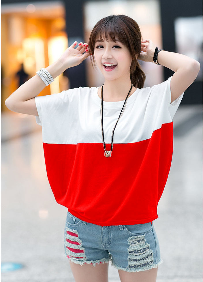 Sarah Express Women's Color Block Batwing Sleeve Top Short Sleeve Casual Loose Fit Shirt