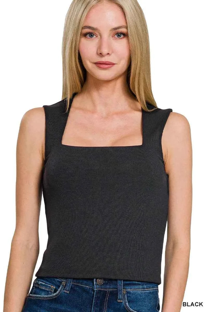 Sarah Express Women's Ribbed Seamless Double Layered Square Neck Tank Top