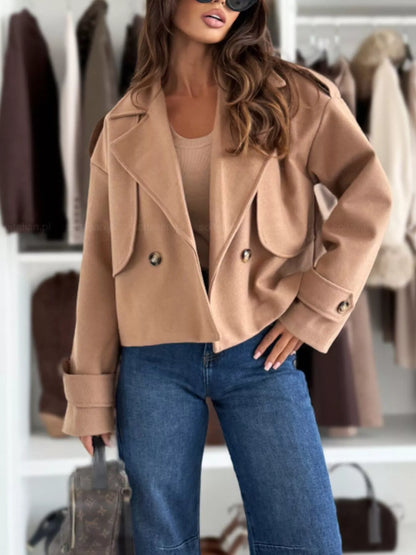 Sarah Express Women's Double-Breasted Cropped Outerwear Khaki