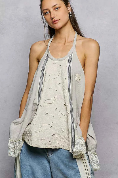 Sarah Express Women's Lace Ruffle Halter Neck Top - Double Gauze Crochet Patch Sleeveless Blouse