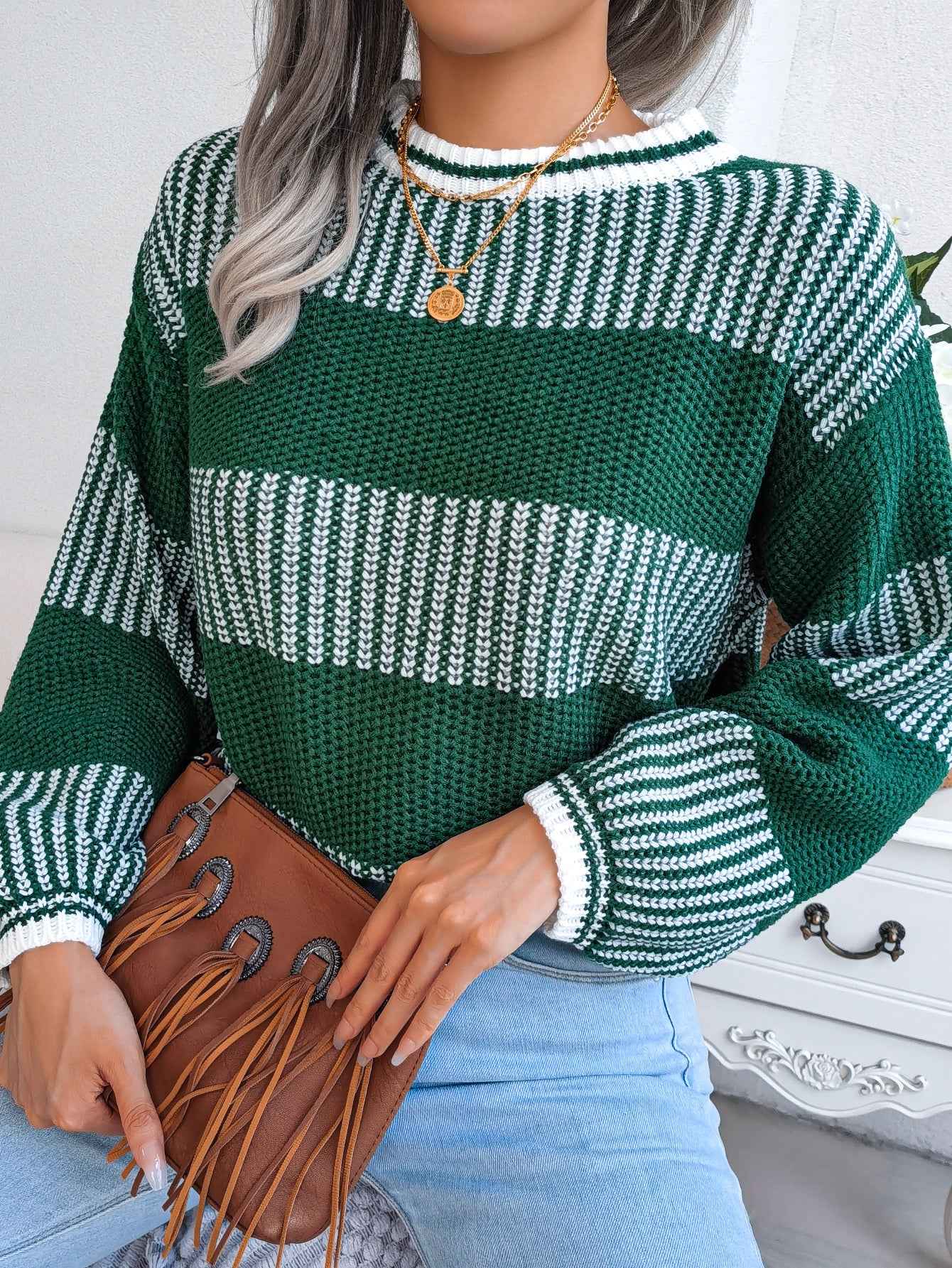Sarah Express Women's Color Block Striped Knit Sweater - Long Sleeve Casual Pullover