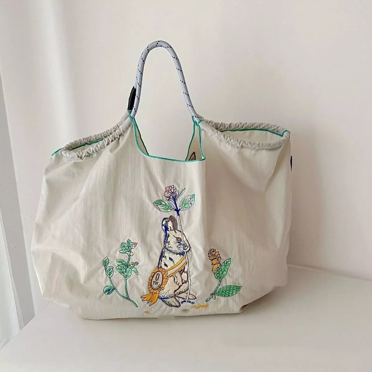 Sarah Express Women's Embroidered Lightweight Canvas Tote Handbag Beige One Size