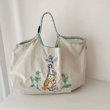 Sarah Express Women's Embroidered Lightweight Canvas Tote Handbag Beige One Size