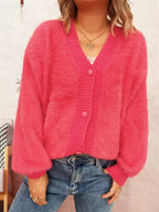 Sarah Express Women's Fuzzy Button-Up Long Sleeve Cardigan