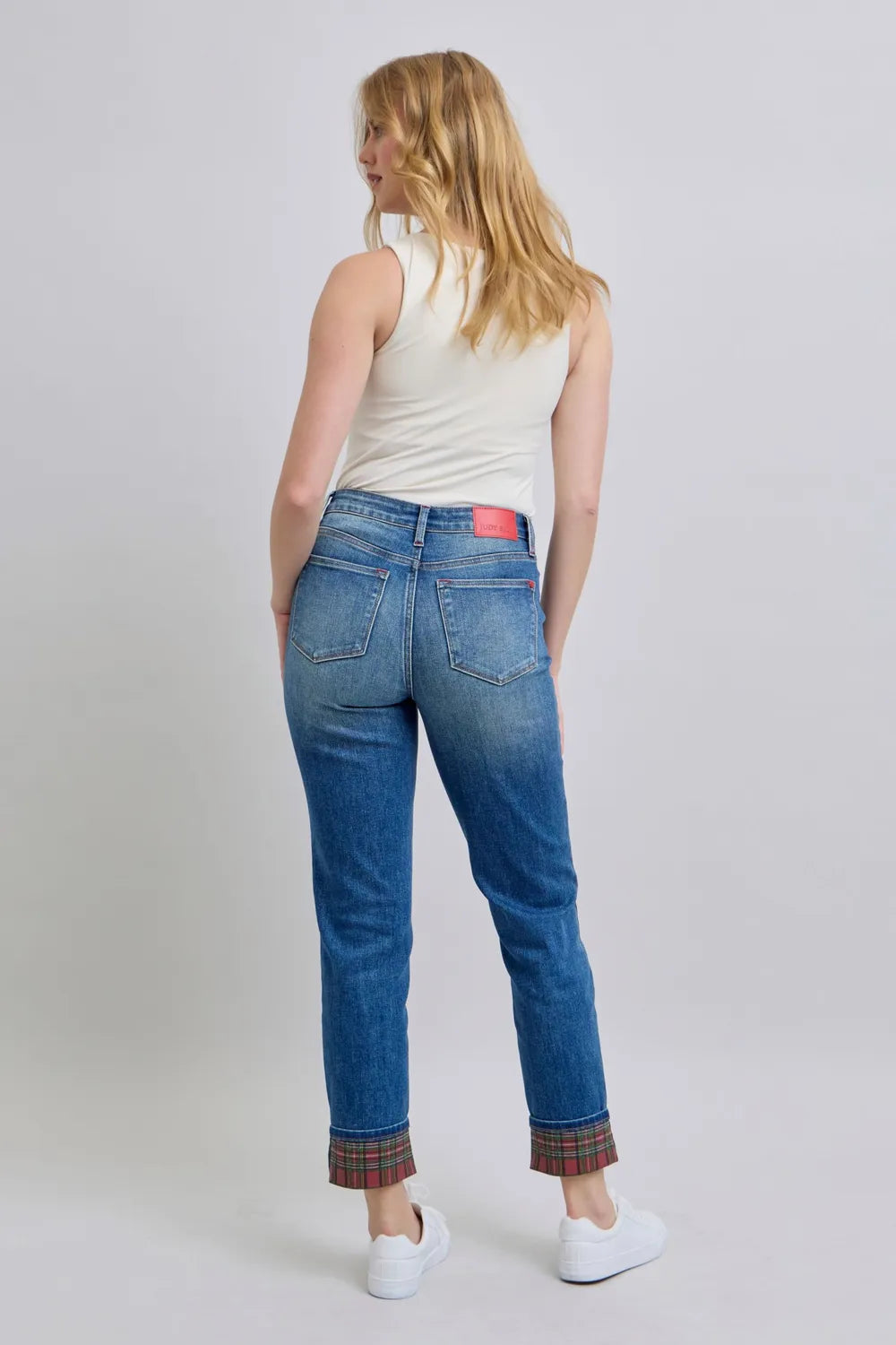 Sarah Express Women’s Plus Size Straight Leg Jeans with Plaid Cuff
