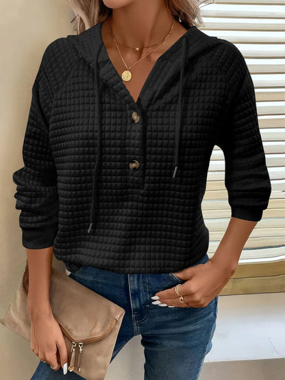 Sarah Express Women's Textured Button Detail Drawstring Long Sleeve Hoodie