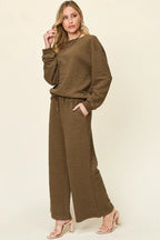 Sarah Express Women's Textured Long Sleeve Top and Pants Lounge Set