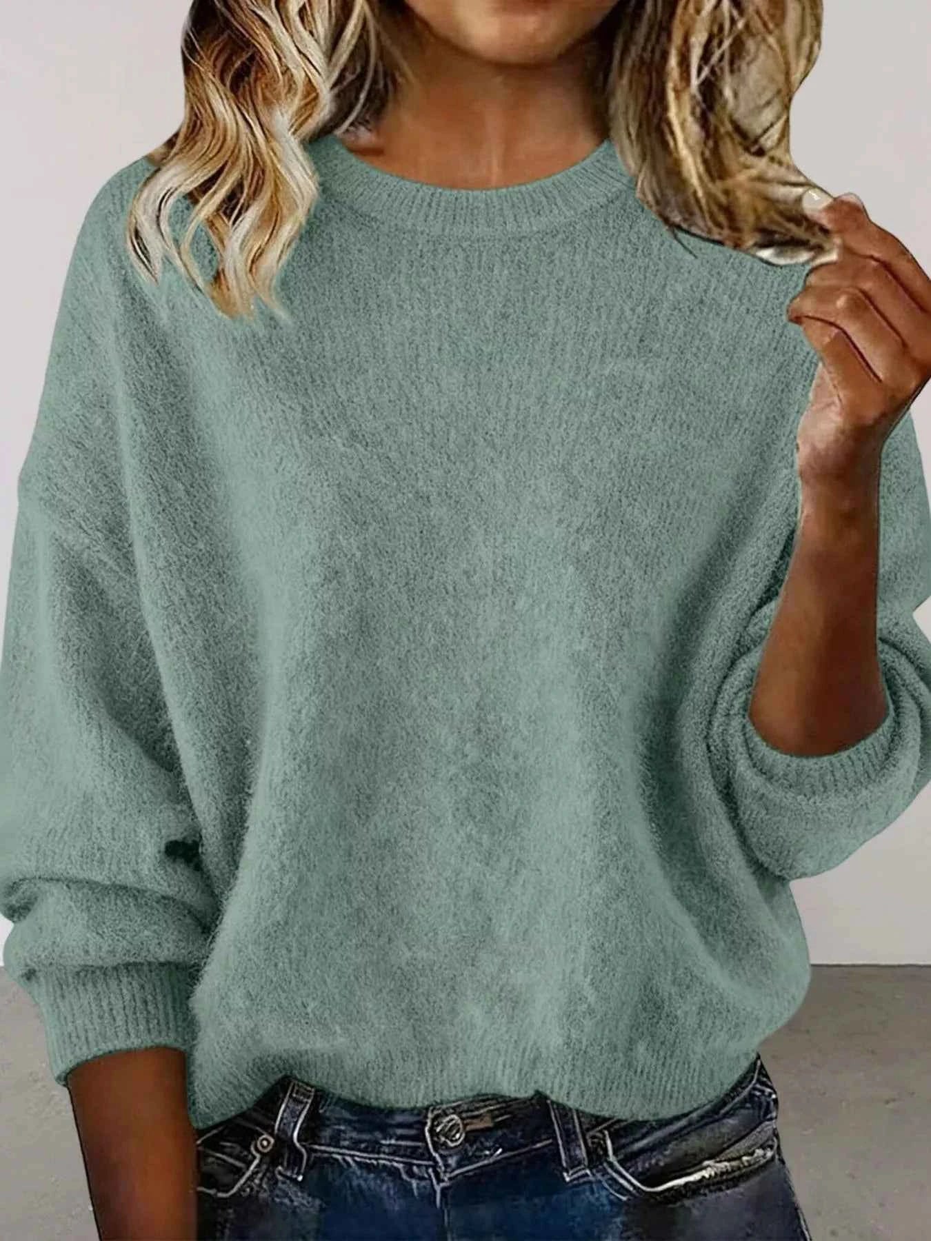 Sarah Express Women's Round Neck Dropped Shoulder Sweater - Plus Size Light Green