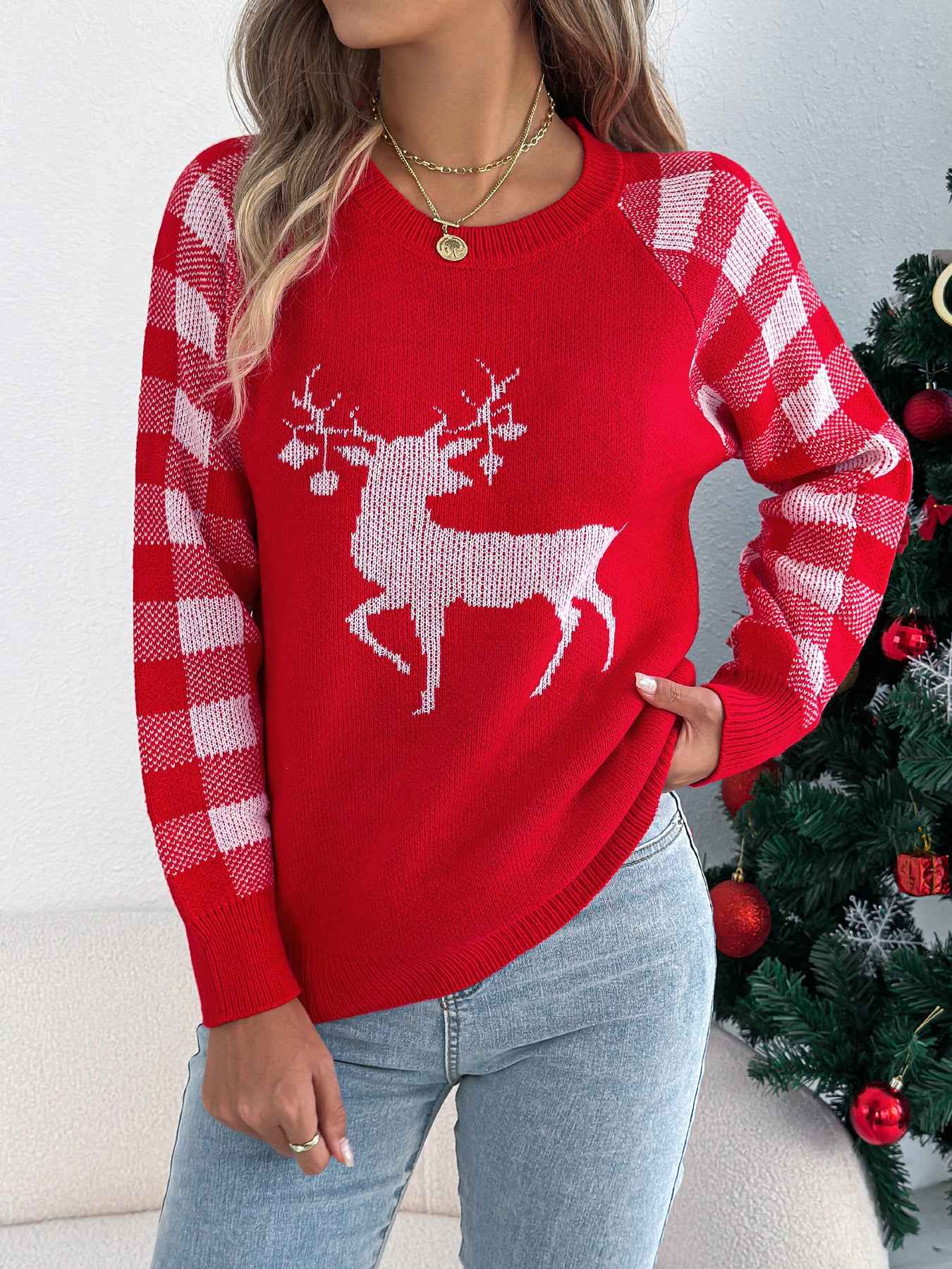Sarah Express Women's Plaid Deer Pullover Sweater - Festive Christmas Knitwear