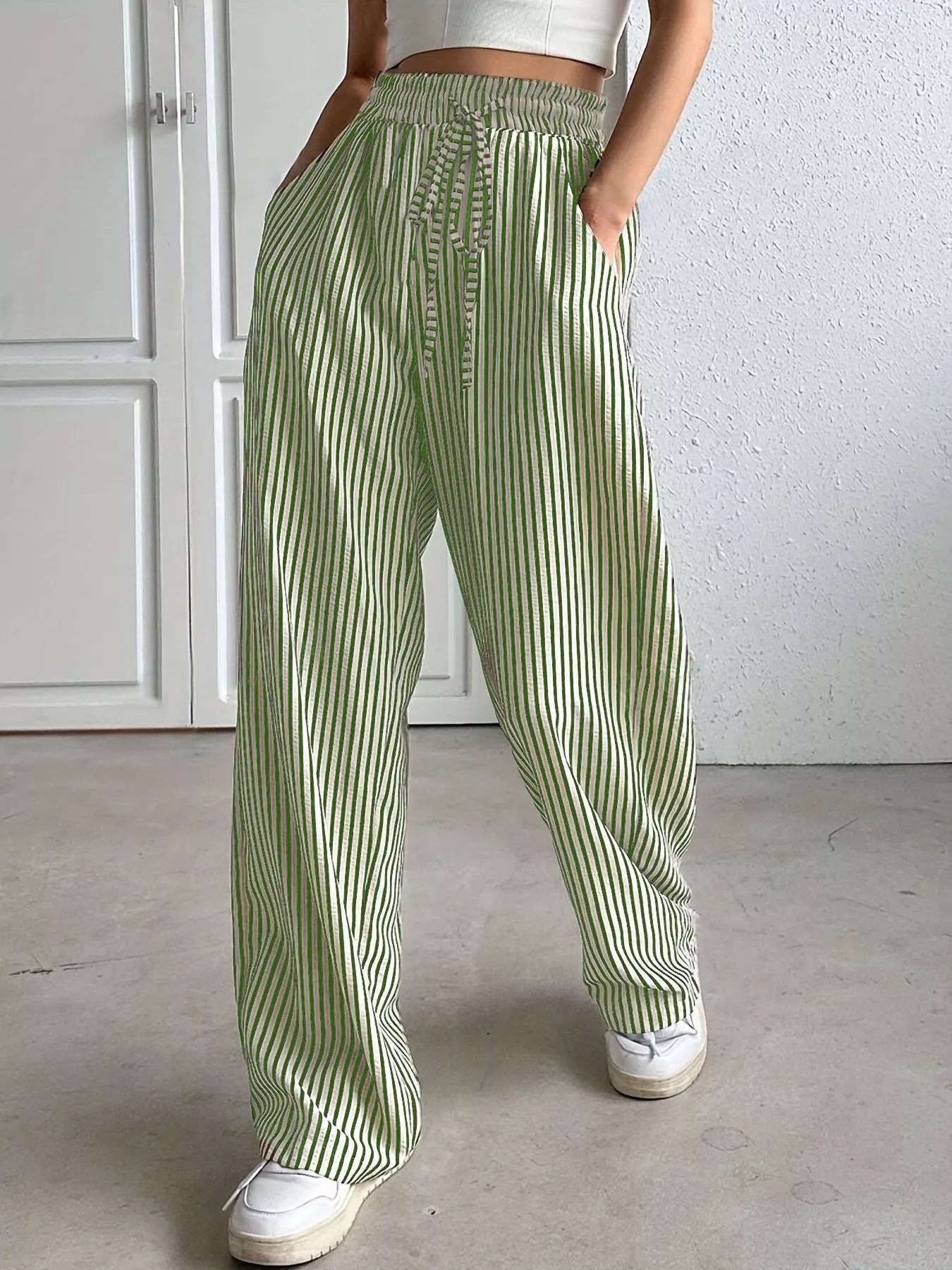 Sarah Express Women's Striped High-Waisted Wide Leg Pants Green