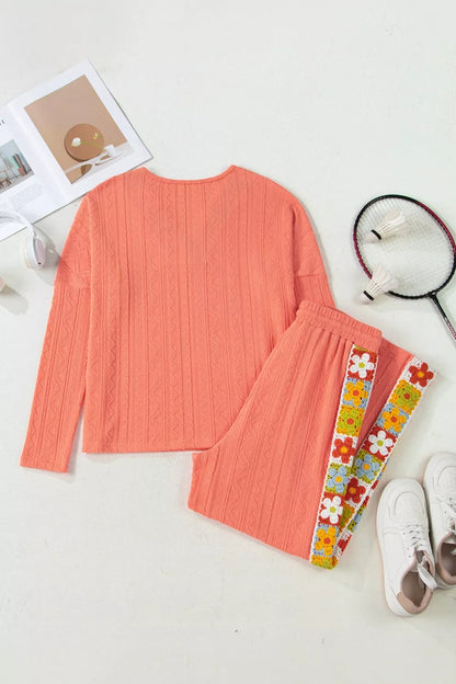 Sarah Express Women's Crochet Floral V-Neck Textured Top and Pants Two-Piece Set