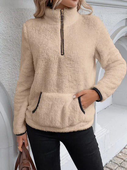 Sarah Express Women's Cozy Fleece Quarter Zip Long Sleeve Sweatshirt Khaki