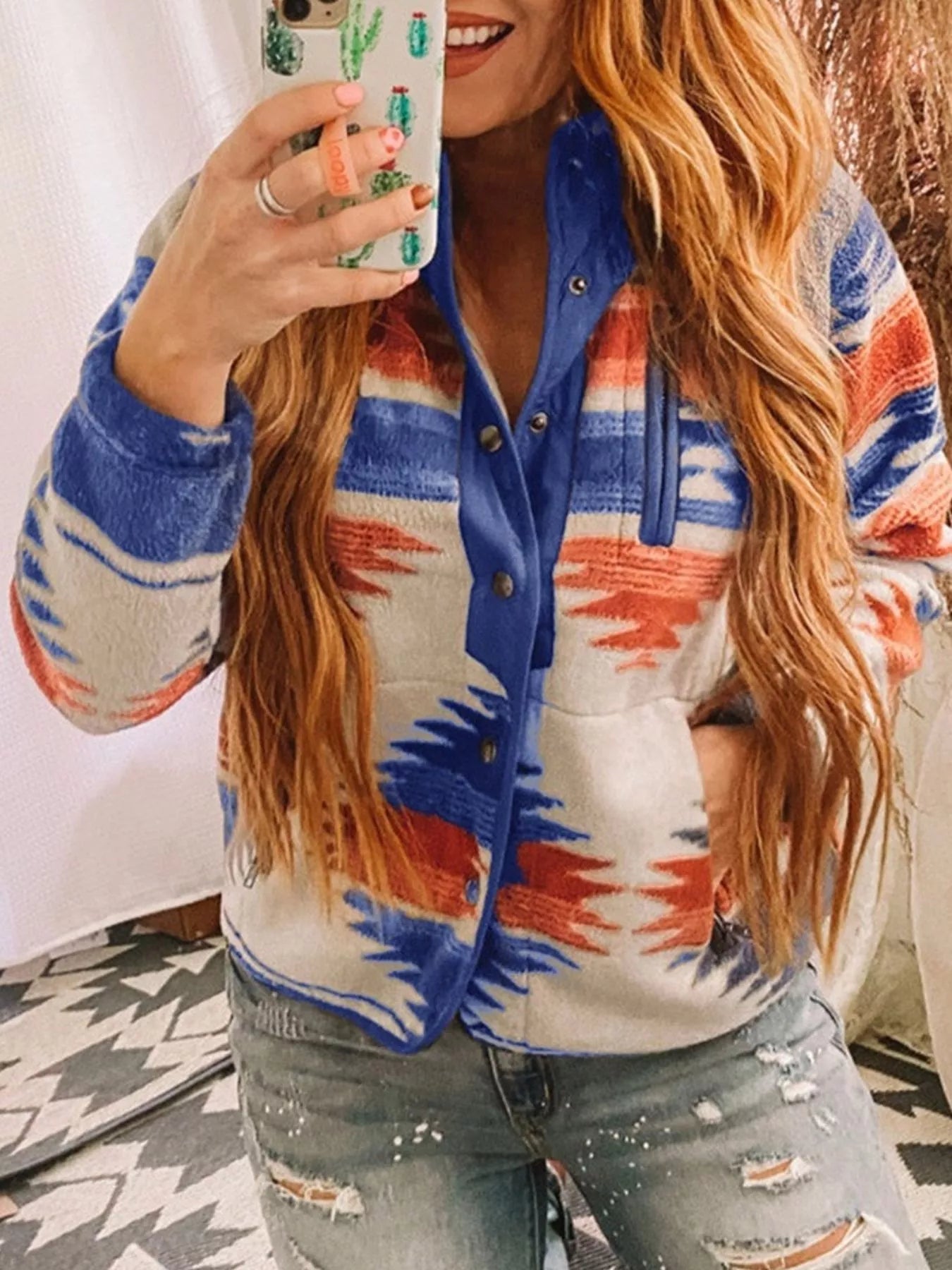 Sarah Express Women's Geometric Print Snap Button Jacket - Casual Lightweight Outerwear Blue