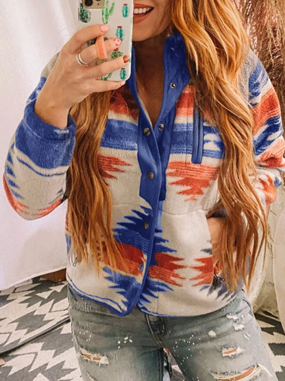 Sarah Express Women's Geometric Print Snap Button Jacket - Casual Lightweight Outerwear Blue