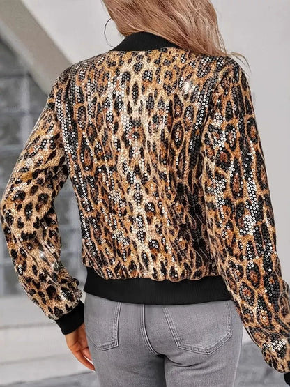 Sarah Express Women's Sequin Leopard Zip Up Jacket