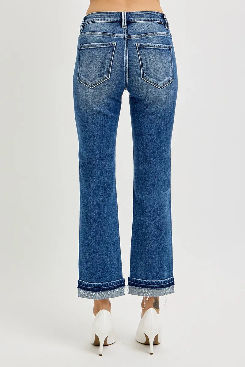Sarah Express Women’s Mid Rise Cuffed Ankle Straight Jeans
