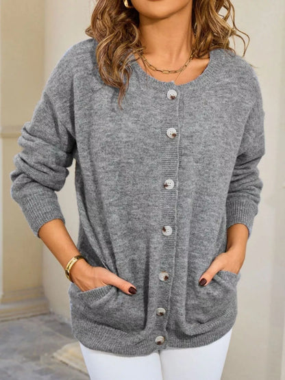 Sarah Express Women's Casual Button-Down Knit Cardigan - Cozy Acrylic Sweater with Pockets Grey