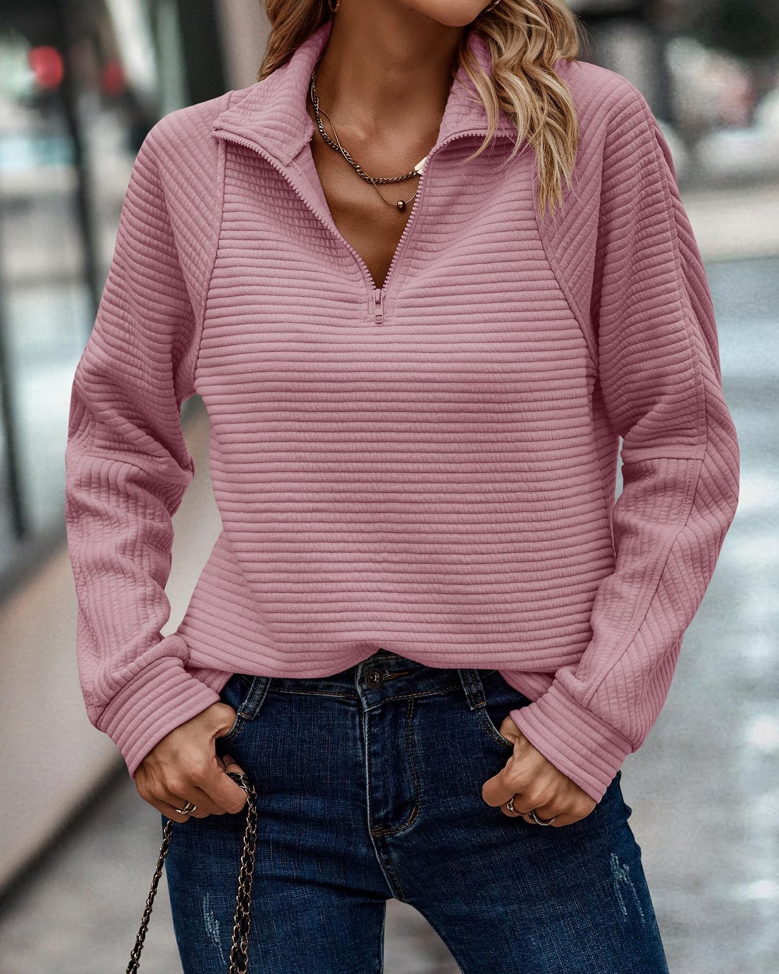 Sarah Express Women's Stand Collar Zipper Pullover Sweatshirt Striped Long Sleeve Top Spring Fall Casual
