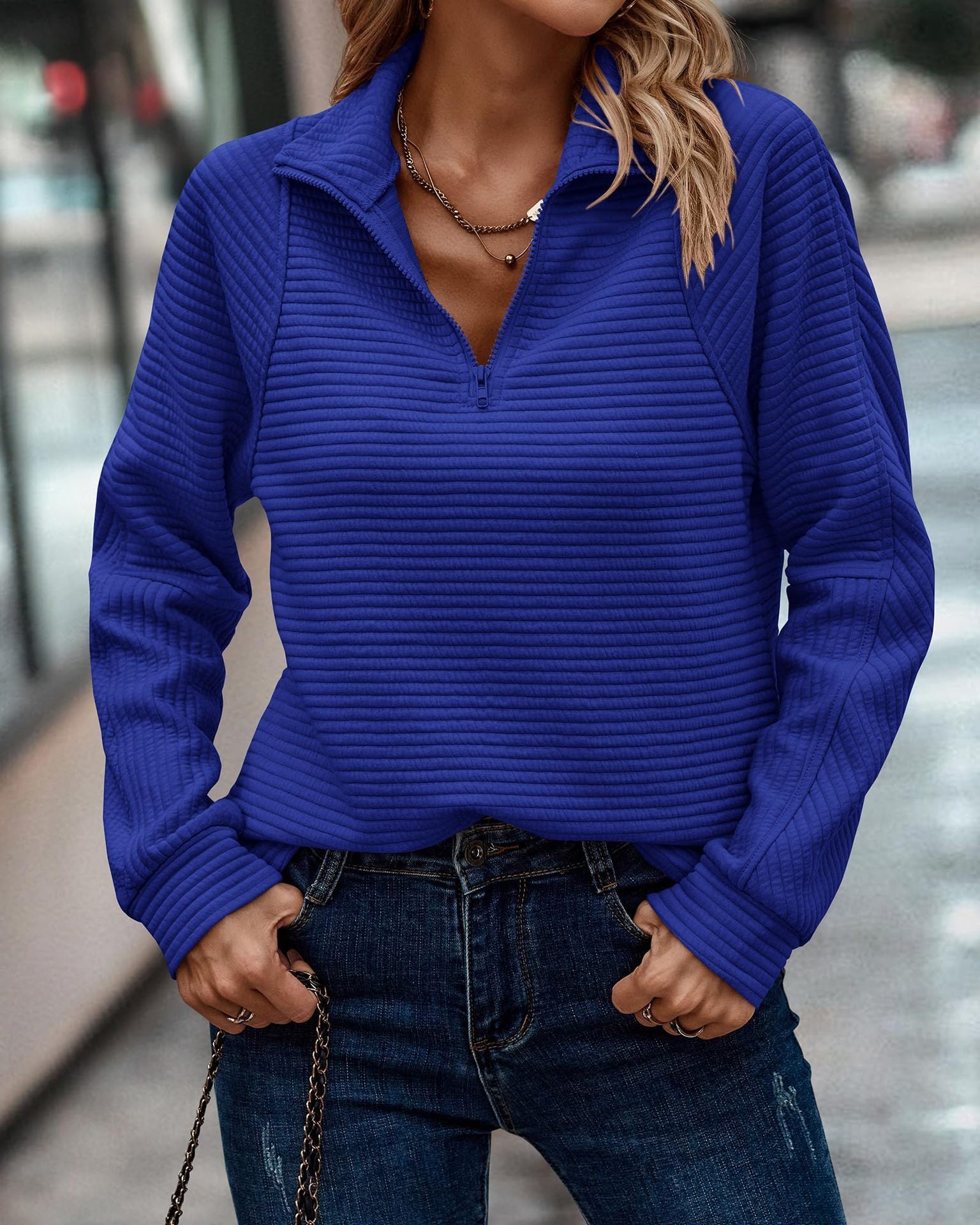 Sarah Express Women's Stand Collar Zipper Pullover Sweatshirt Striped Long Sleeve Top Spring Fall Casual
