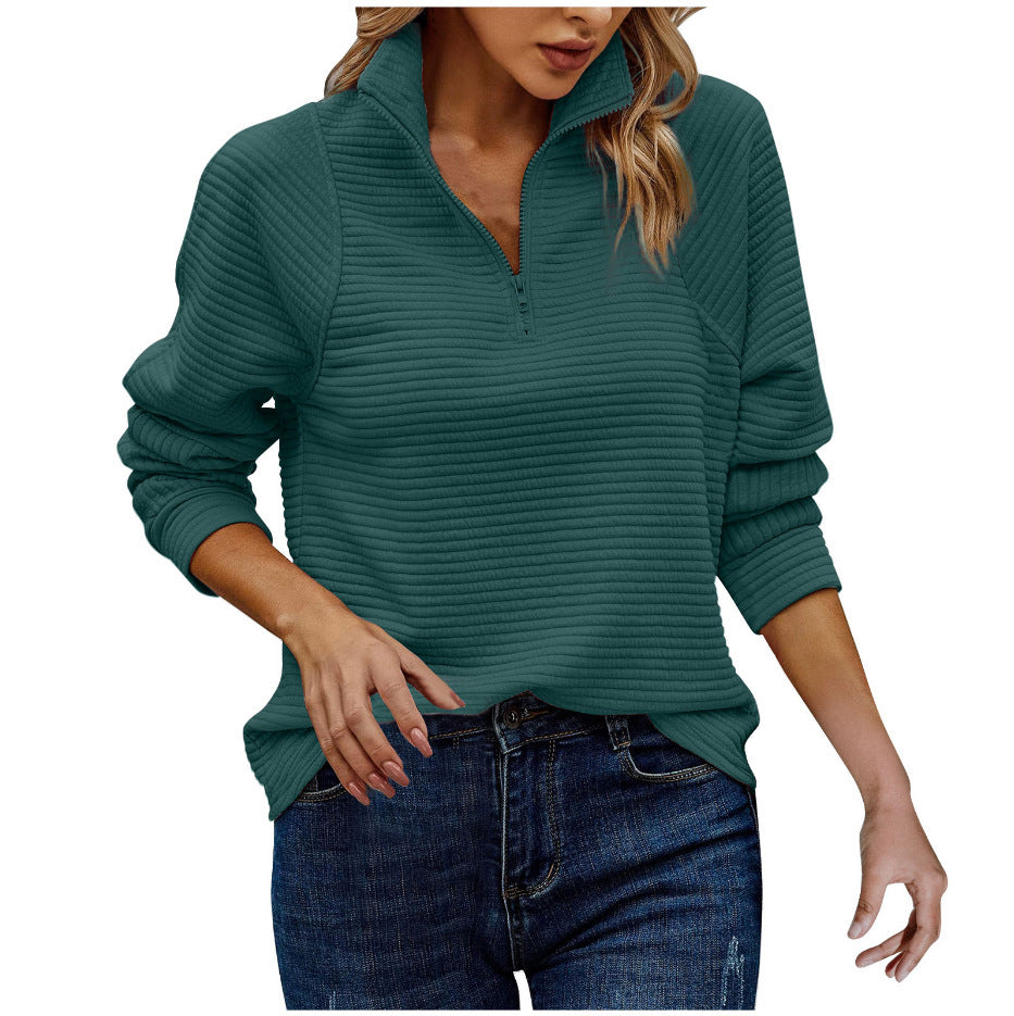 Sarah Express Women's Stand Collar Zipper Pullover Sweatshirt Striped Long Sleeve Top Spring Fall Casual