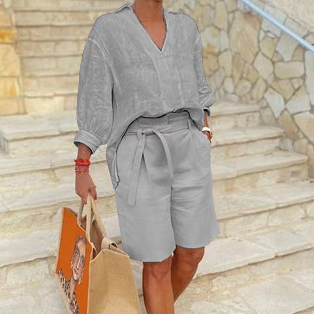 Sarah Express Women's Cotton Linen Half Sleeve Top and Capri Pants Two-Piece Casual Set