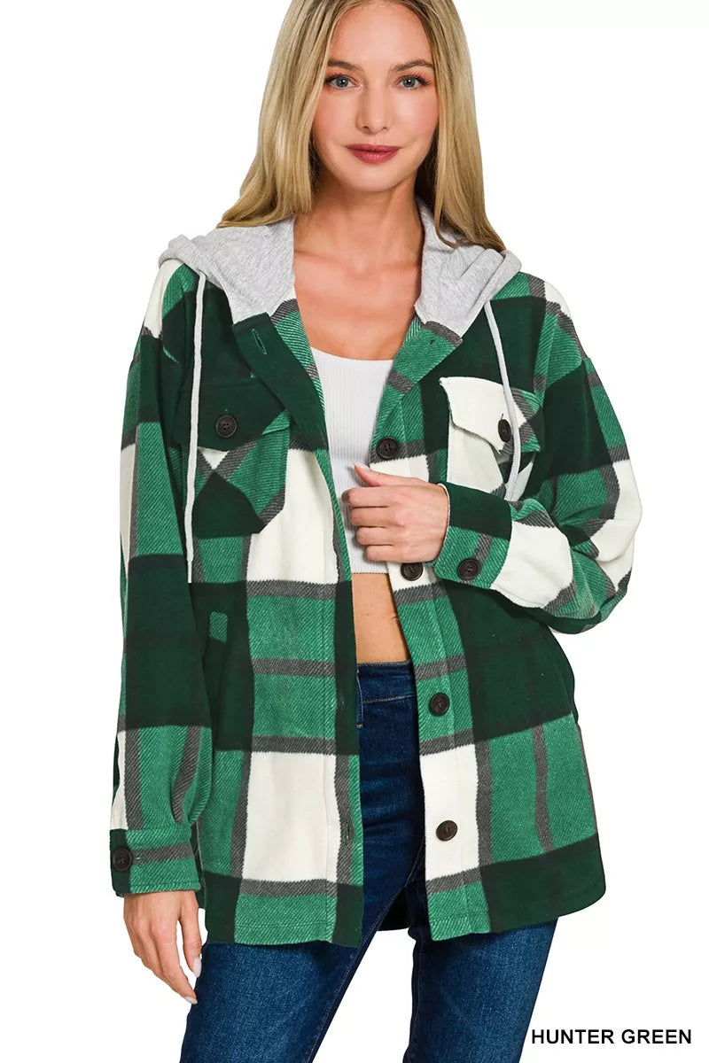 Sarah Express Women's Plaid Drawstring Hooded Fleece Shacket