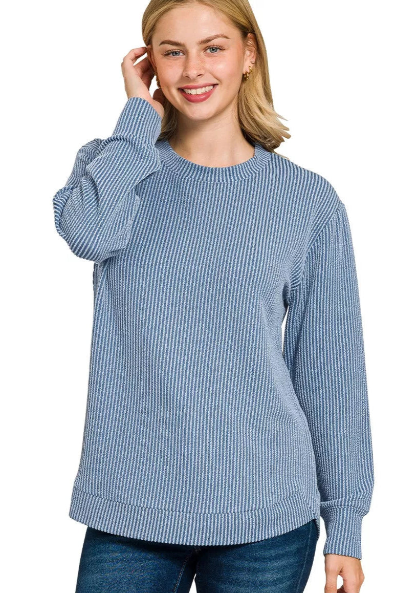 Sarah Express Women’s Plus Size Raised Rib Long Sleeve Top Casual All-Season