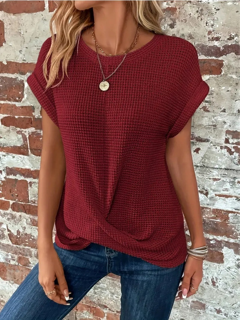 Sarah Express Women's Waffle Texture Crew Neck T-Shirt Short Sleeve Polyester Summer Top