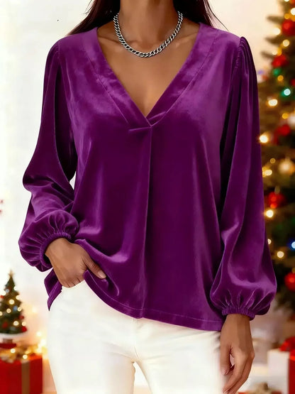 Sarah Express Women's Velvet V-Neck Balloon Sleeve Blouse Purple