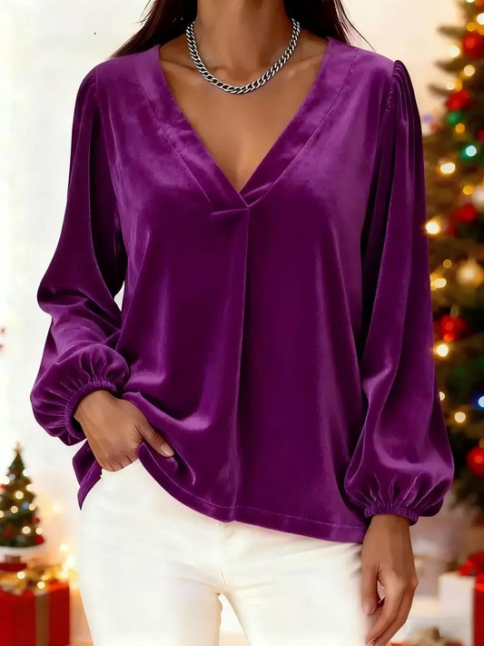 Sarah Express Women's Velvet V-Neck Balloon Sleeve Blouse Purple