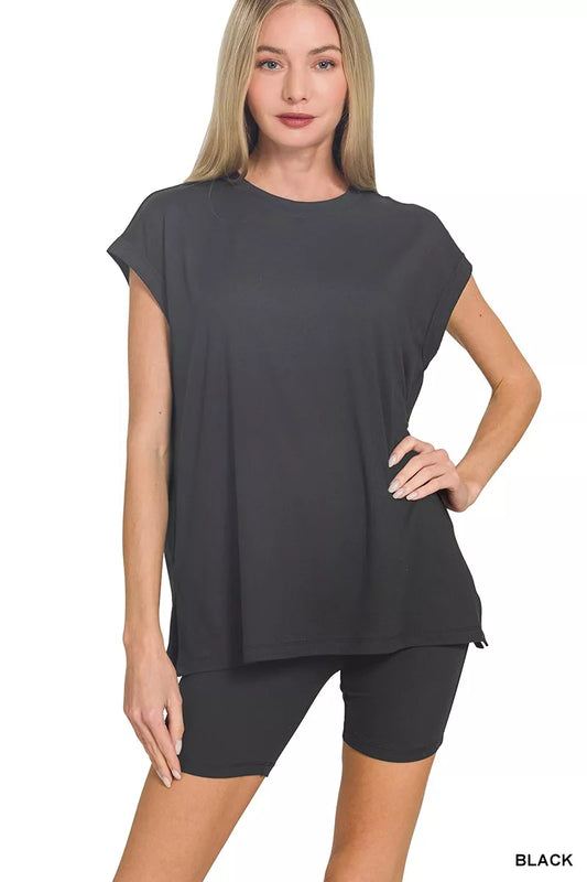 Sarah Express Women's Brushed Microfiber Top & Biker Shorts Set BLACK