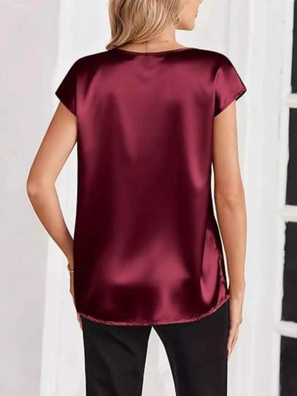 Sarah Express Women's Satin V-Neck Short Sleeve Blouse - Elegant Dressy Top