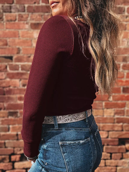 Sarah Express Women's Ribbed Knit Long Sleeve Fitted T-Shirt