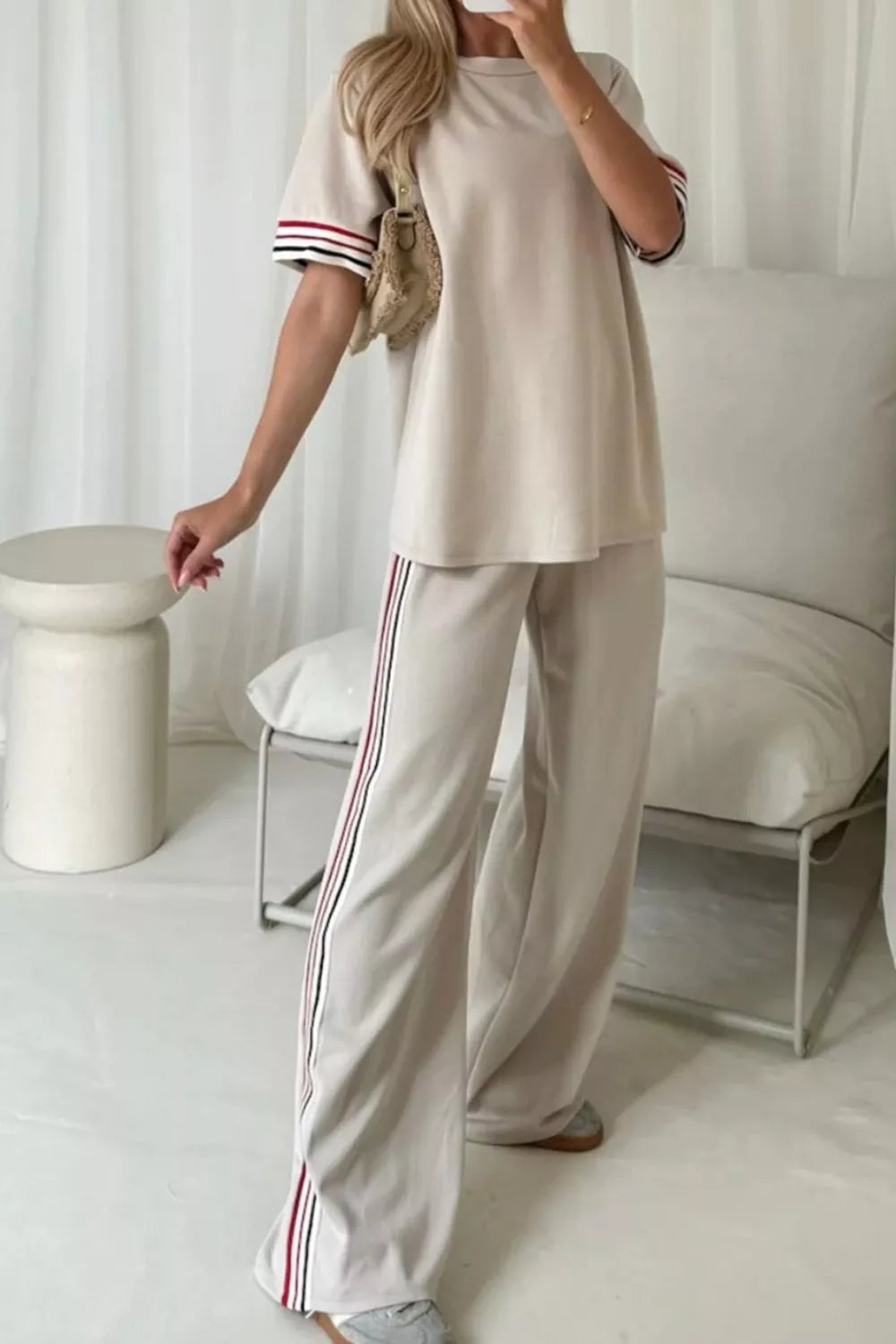 Sarah Express Women's Casual Striped Trim Top and Pants Set