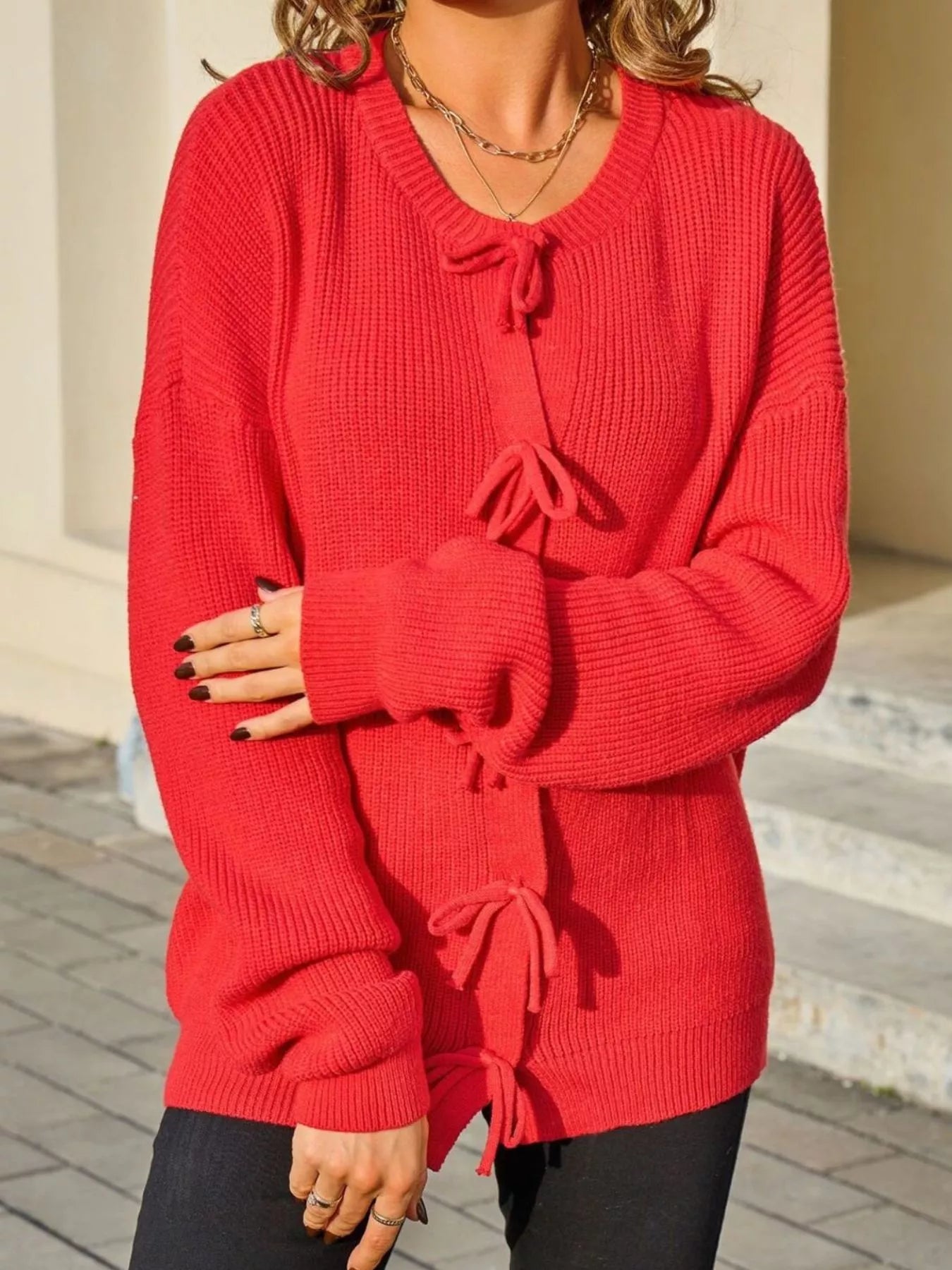 Sarah Express Women's Ribbed Knit Bow-Tie Cardigan - Premium Button-Up Sweater Red