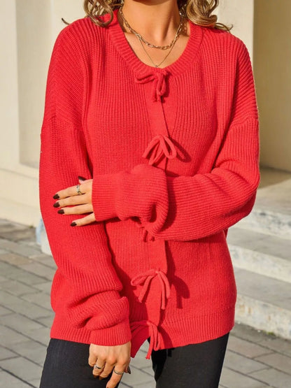 Sarah Express Women's Ribbed Knit Bow-Tie Cardigan - Premium Button-Up Sweater Red