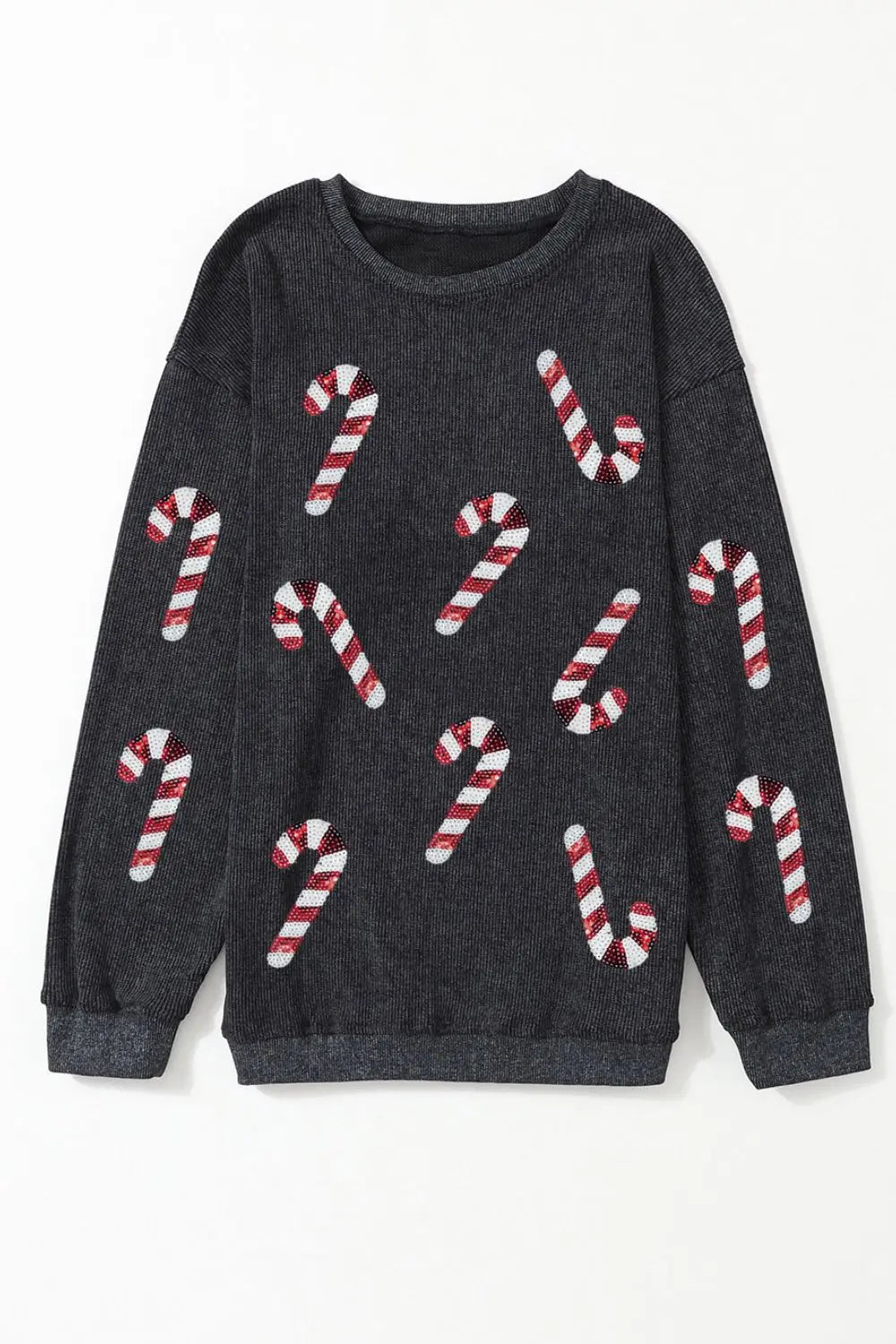 Sarah Express Women's Sequin Candy Cane Round Neck Sweatshirt Black