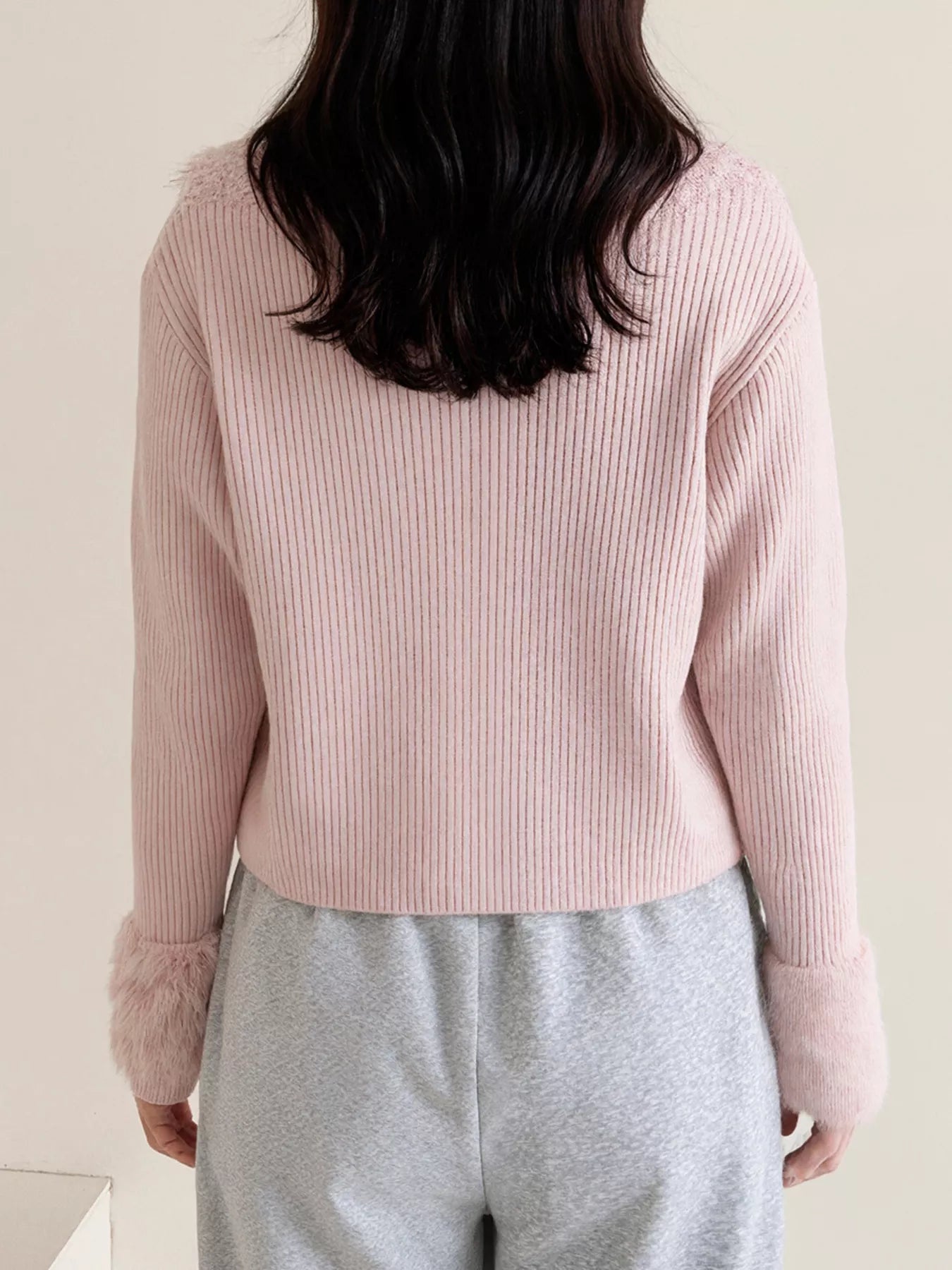 Sarah Express Women's Fluffy Trim Zip-Up Cardigan