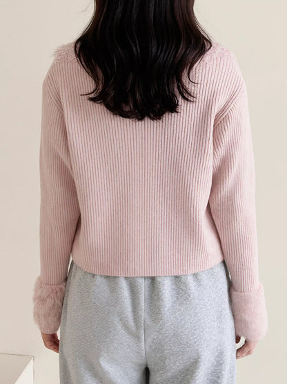 Sarah Express Women's Fluffy Trim Zip-Up Cardigan