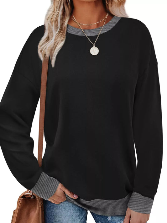 Sarah Express Women's Contrast Trim Crew Neck Casual Sweatshirt Black