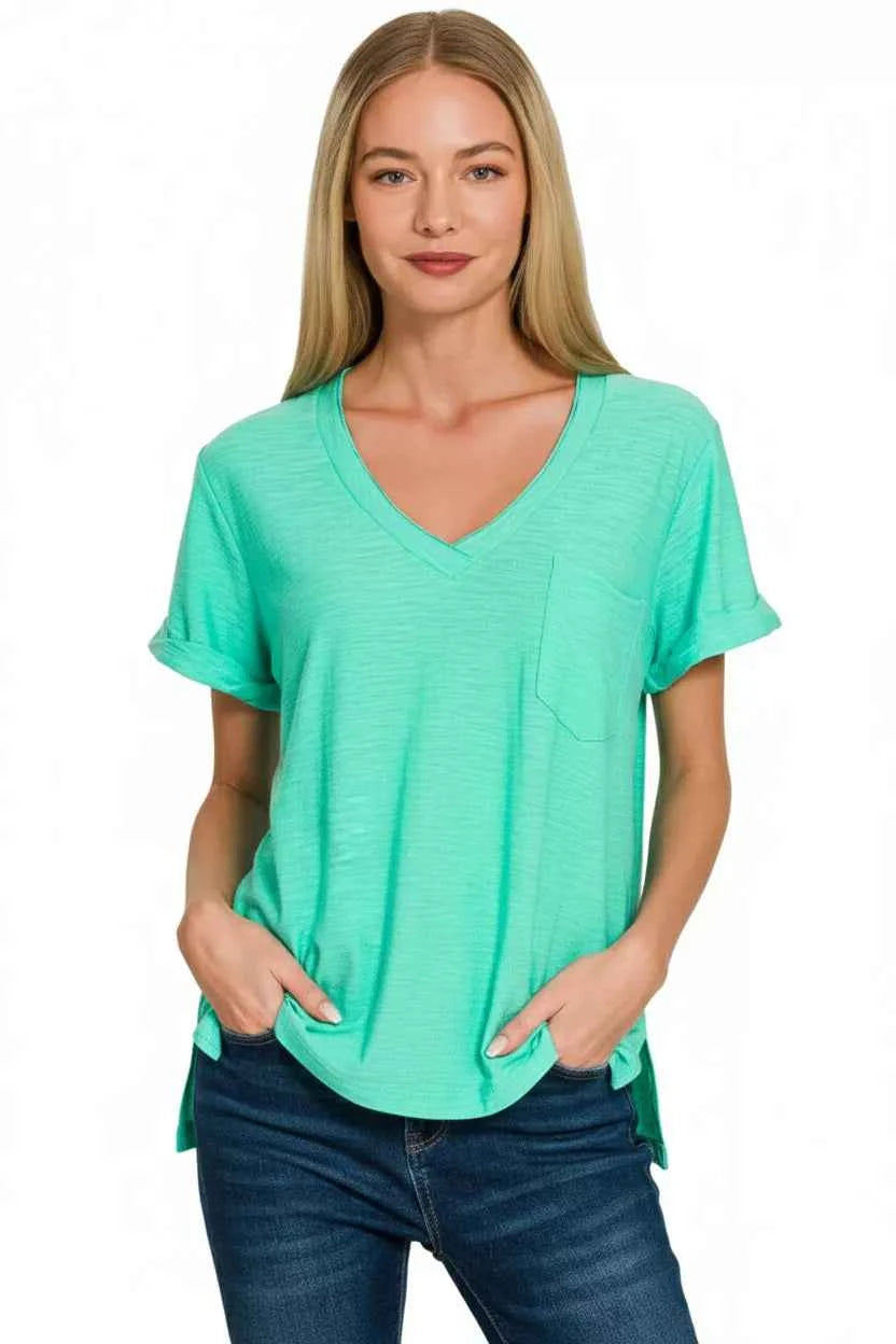 Sarah Express Women's Slub Rolled Short Sleeve V-Neck Tee - Casual Cotton Blend T-Shirt