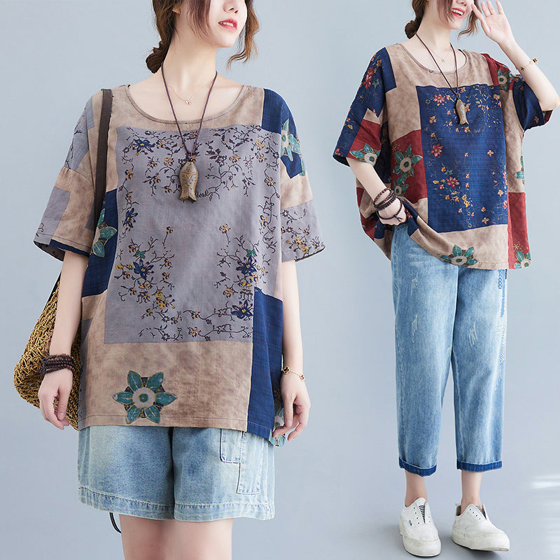 Sarah Express Women's Ethnic Floral Print Cotton Linen T-Shirt Loose Fit Round Neck Short Sleeve