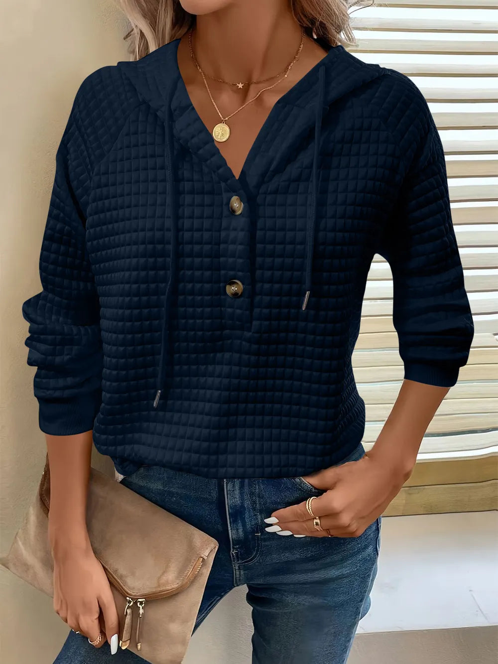 Sarah Express Women's Textured Button Detail Drawstring Long Sleeve Hoodie